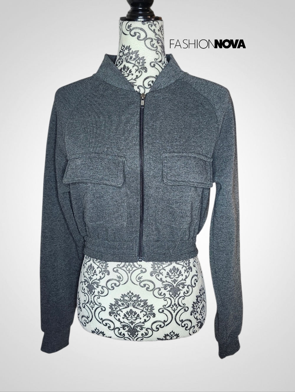 FASHION NOVA Charcoal Zip Front Cropped Sweater - Medium